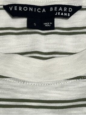 Veronica Beard Jeans Striped Crew Neck Tee (White & Olive) - S
